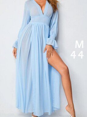 Elegant Light Blue Long Sleeve Maxi Dress Size M Like New